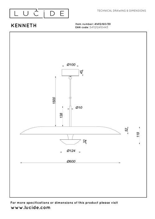 Lucide KENNETH - Pendelleuchten - Ø 60 cm - LED Dim. - 1x16W 2700K - Schwarz | Premium - technisch